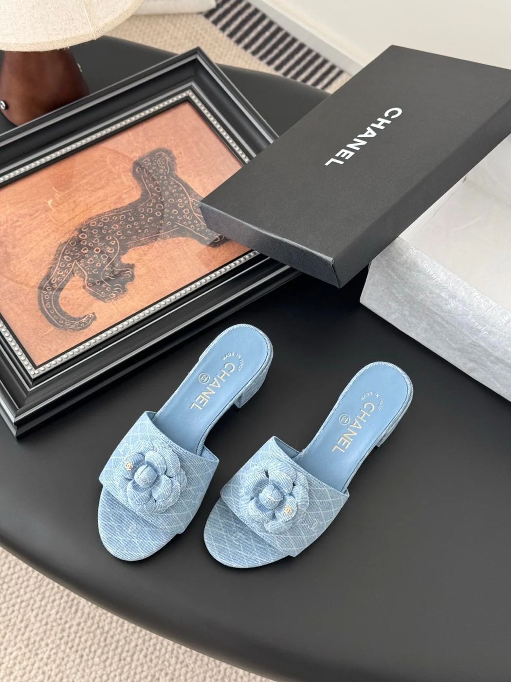 Chanel Women Light Blue Fabric Floral Slide Sandals product view 5