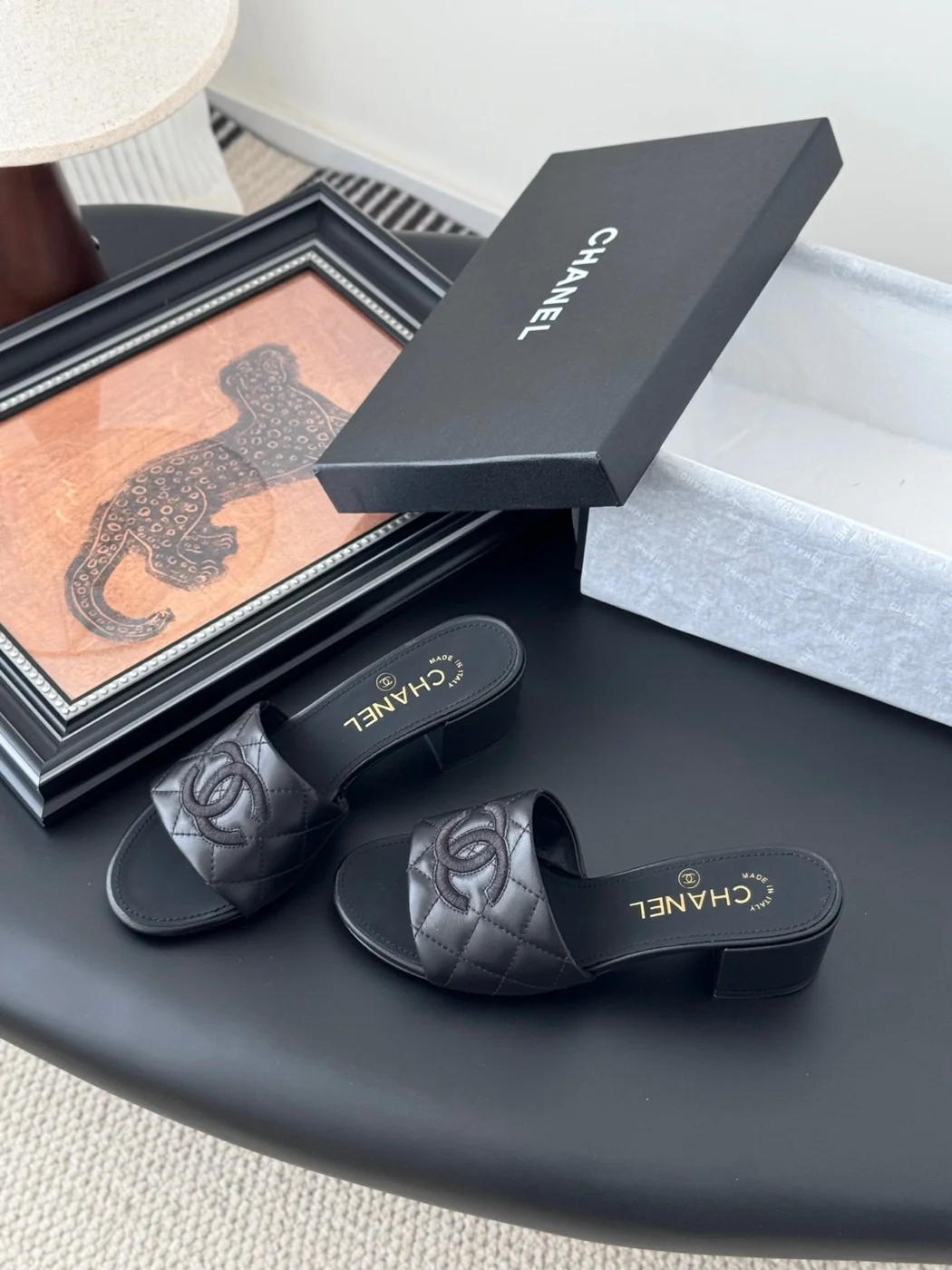 Chanel Women Black Quilted Leather Slides product view 2