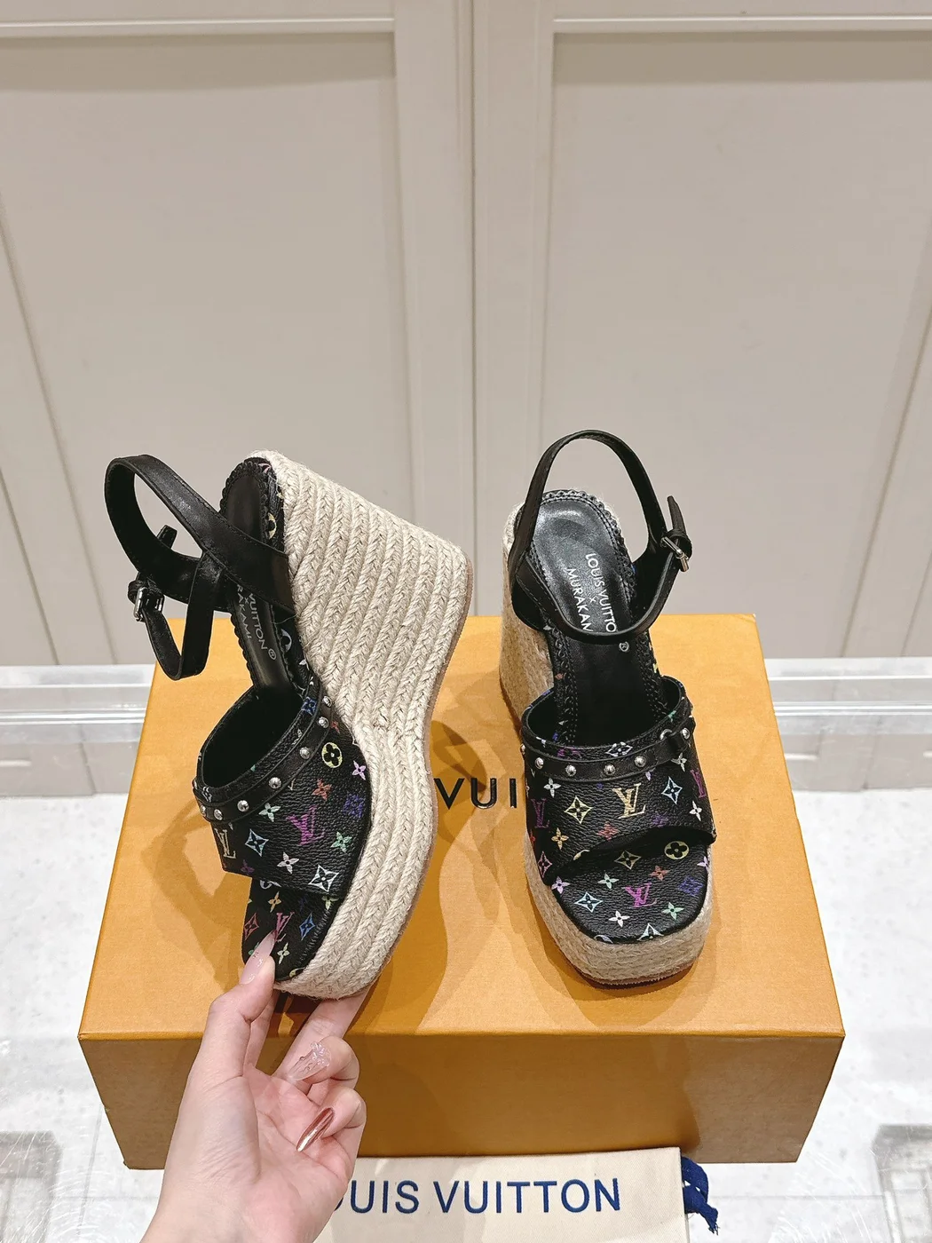 Louis Vuitton Women Black Leather Espadrille Wedge Sandals product view 4