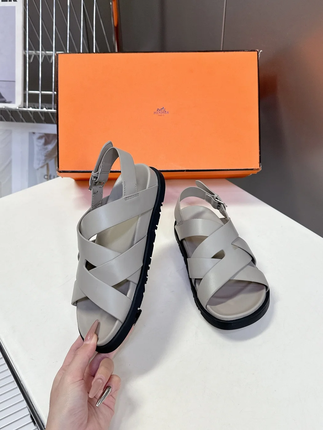 Hermès Women Light Gray Leather Sandals product view 5