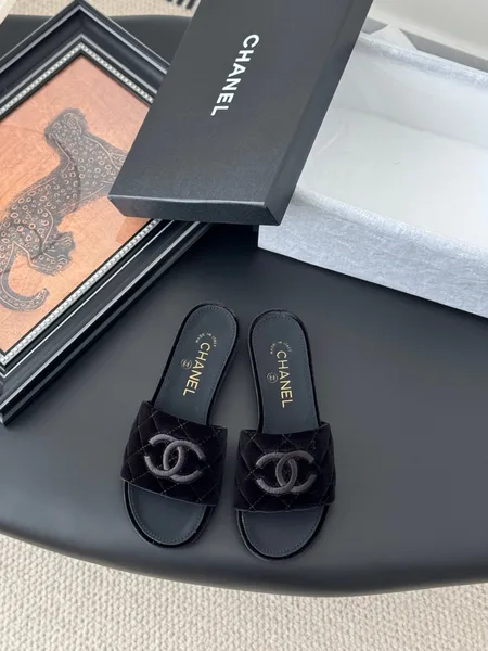 Chanel Women Black Velvet Quilted Slides product view 1