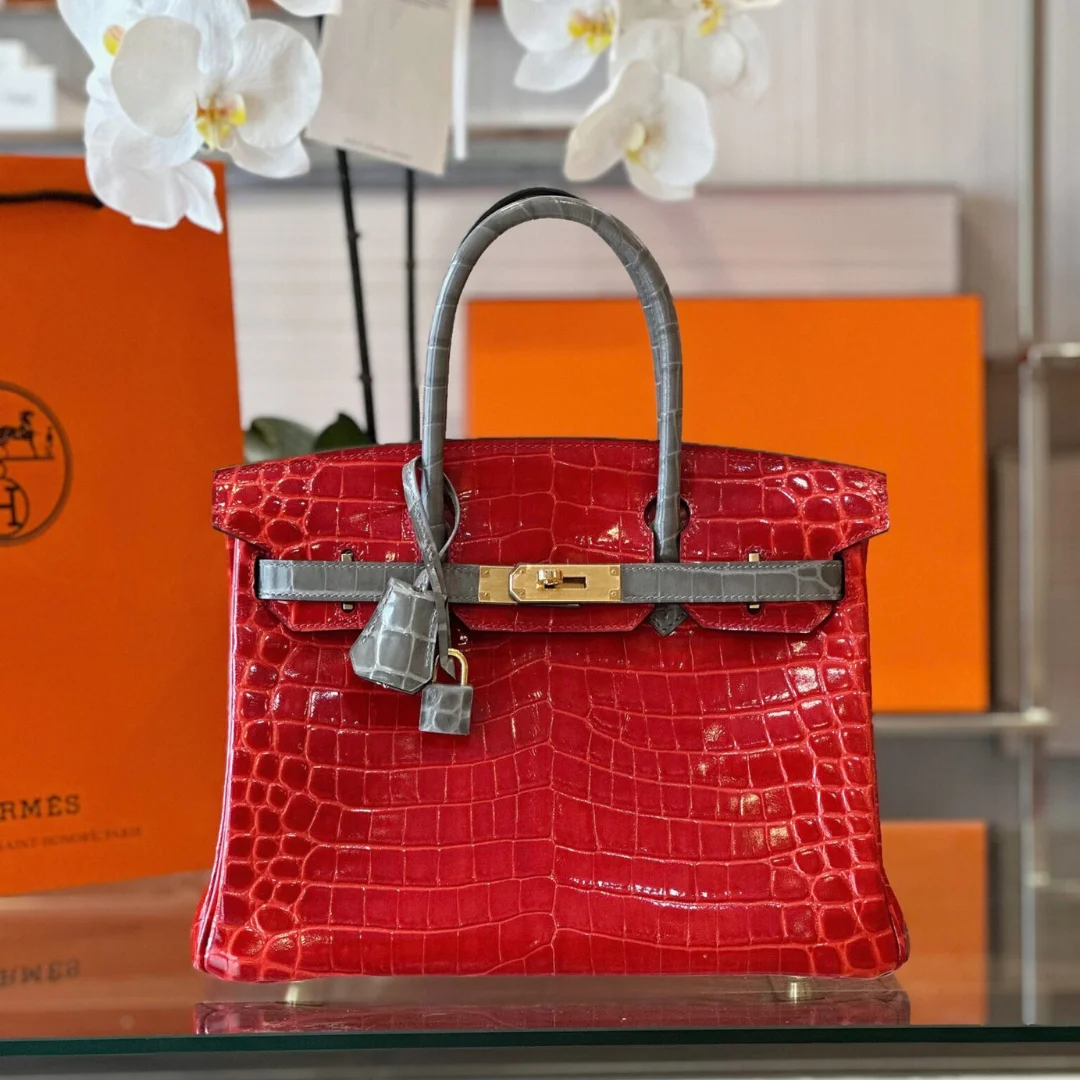 Hermès Birkin 30 Red/Liam Blue Crocodile Leather Gold Hardware. – Custom Made Bag product view 1