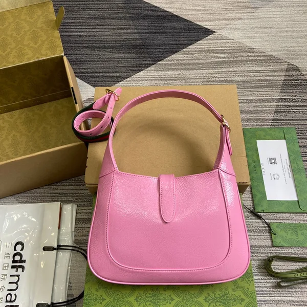 Gucci Jackie Small Shoulder Bag 27 In Pink Cracked Lacquer Calfskin Gold Hardware product view 3
