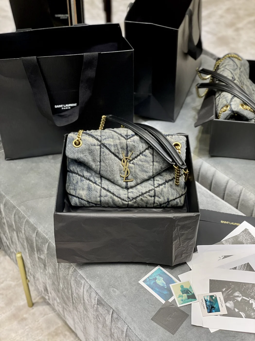 Saint Laurent Chevron Quilted Shoulder Bag Black and Gray product view 1