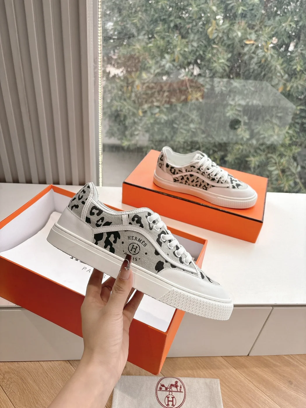 Hermès Women White Canvas Leopard Print Sneakers product view 4