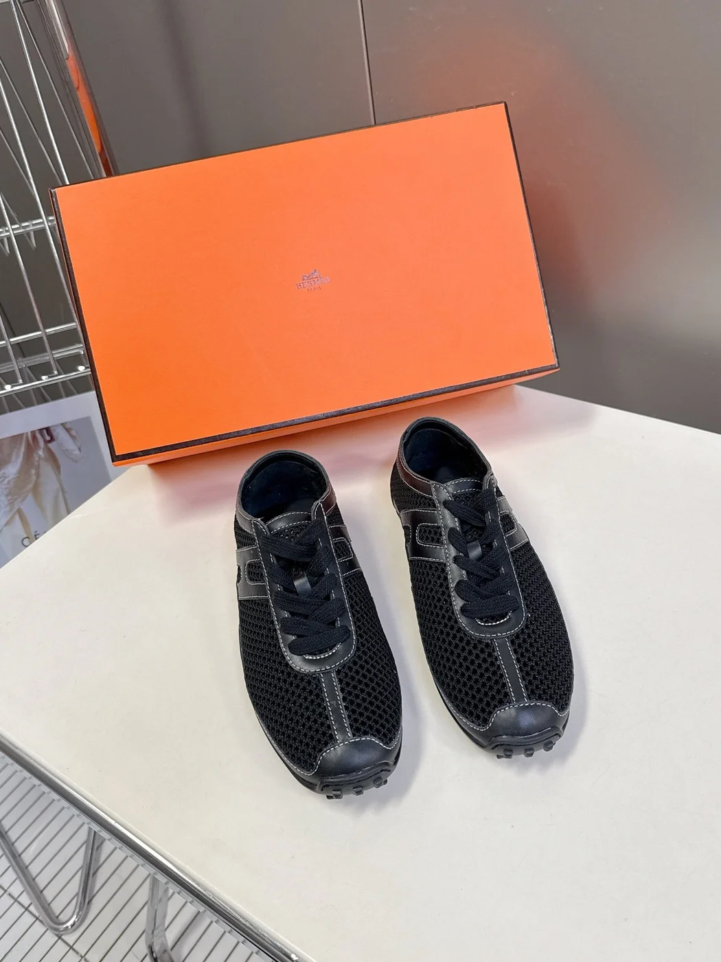 Hermès Women Black Mesh Leather Sneakers product view 1