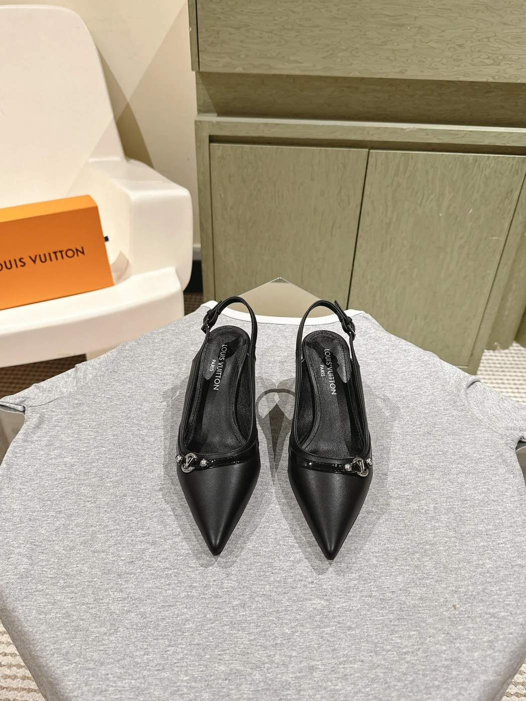 Louis Vuitton Women Black Leather Slingback Heels product view 1