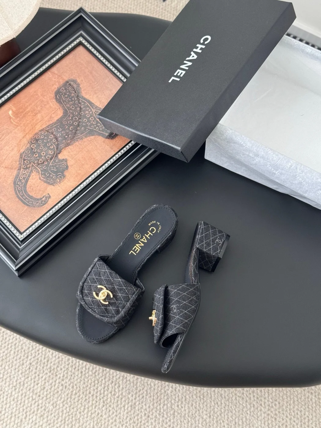 Chanel Women Black Quilted Fabric Slides product view 5