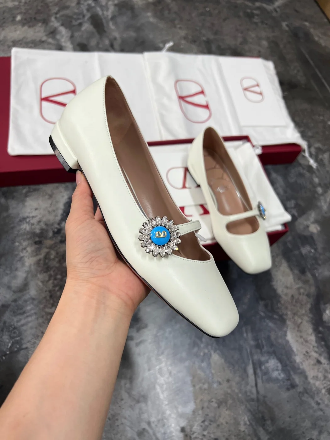 Valentino Women White Leather Embellished Flats product view 3