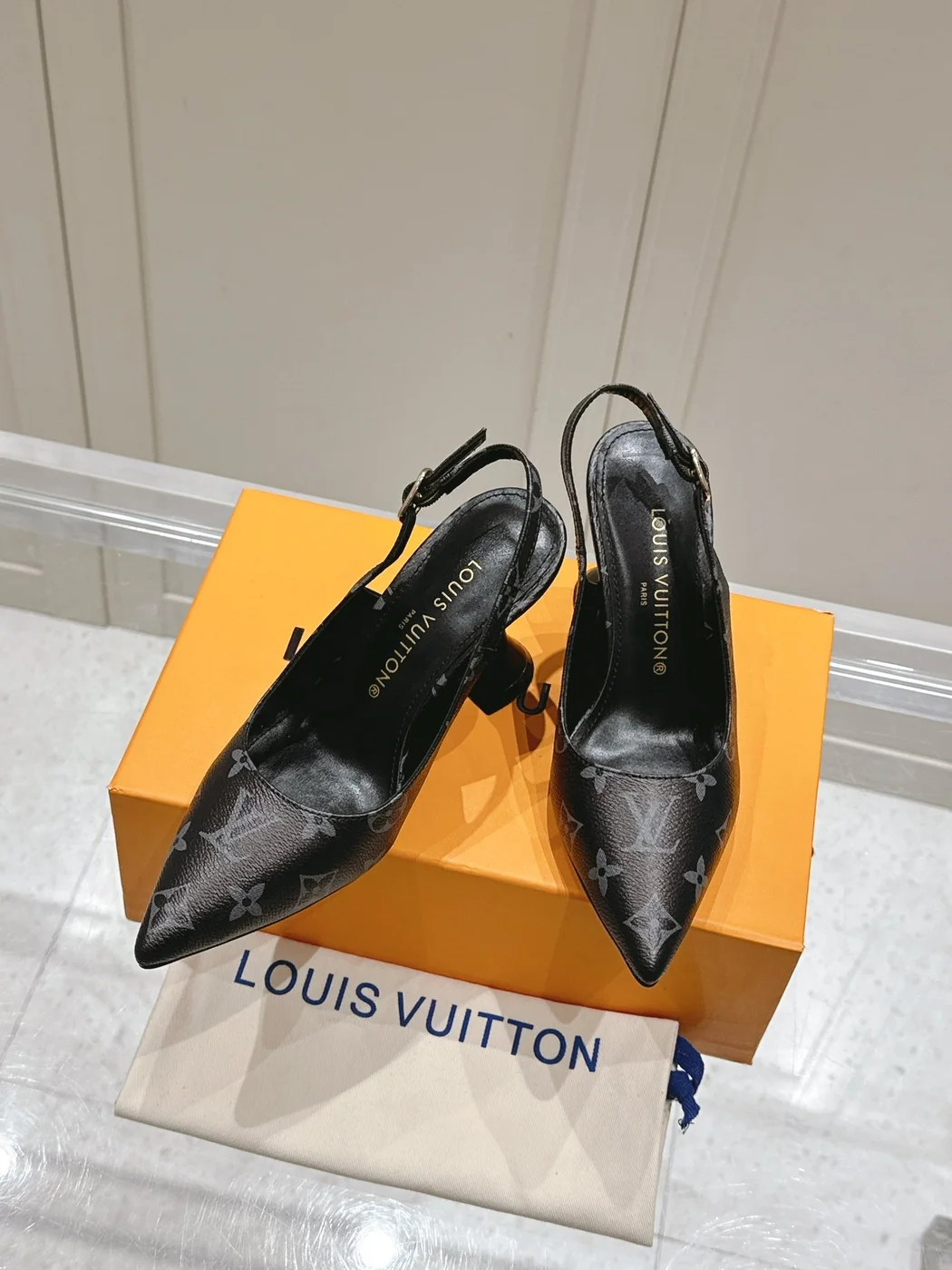 Louis Vuitton Women Black Patterned Leather Heels product view 4