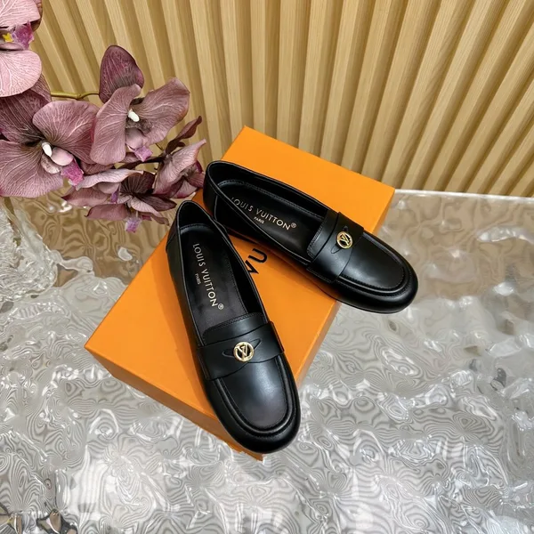 Louis Vuitton Women Black Leather Loafers — Metal Logo Detail product view 5