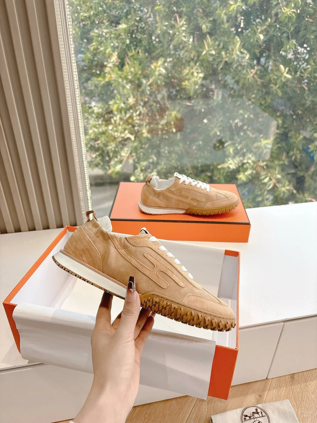 Hermès Women Beige Suede Sneakers product view 6