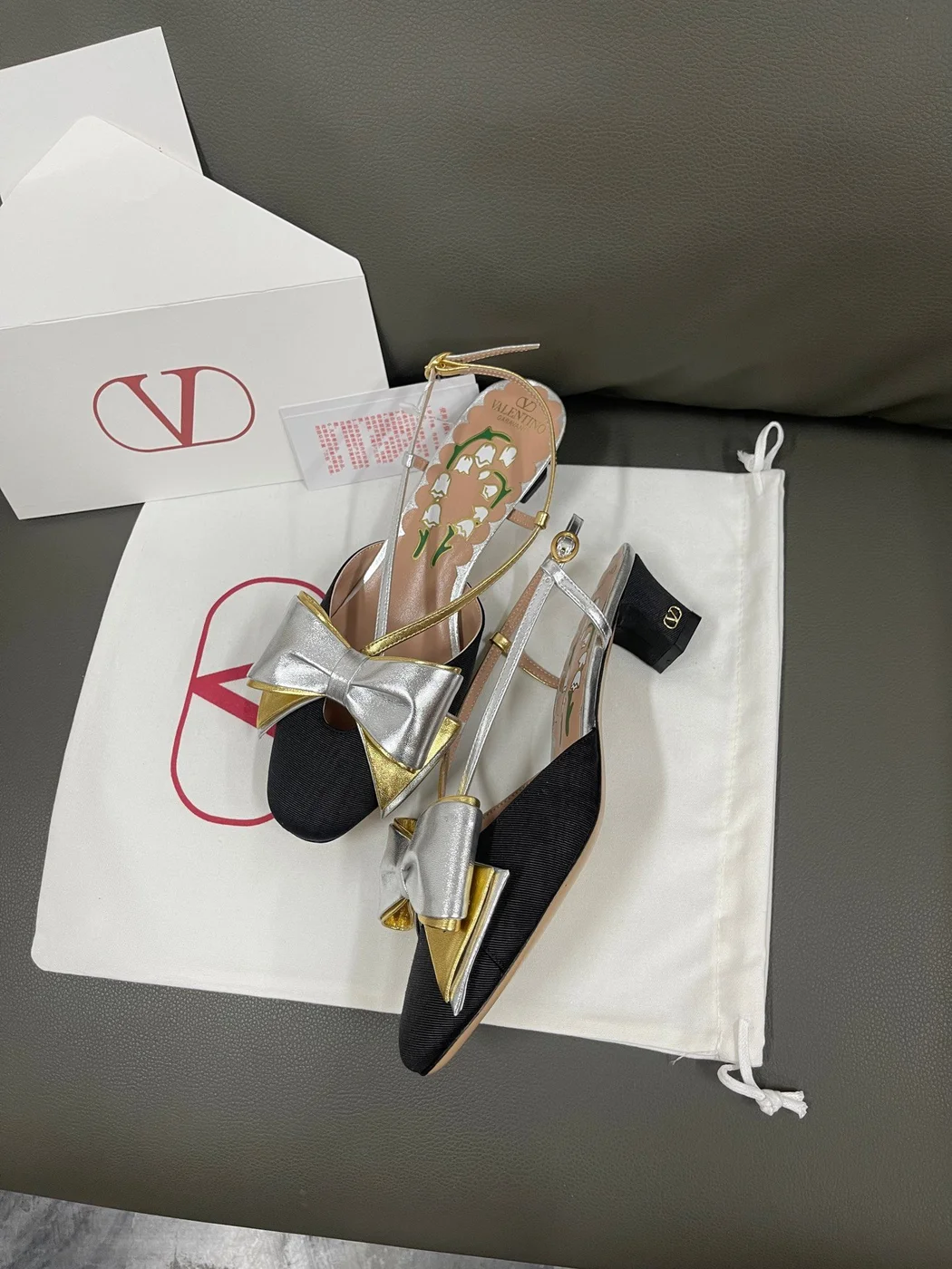 Valentino Women Black Satin Silver Gold Leather Heels product view 3