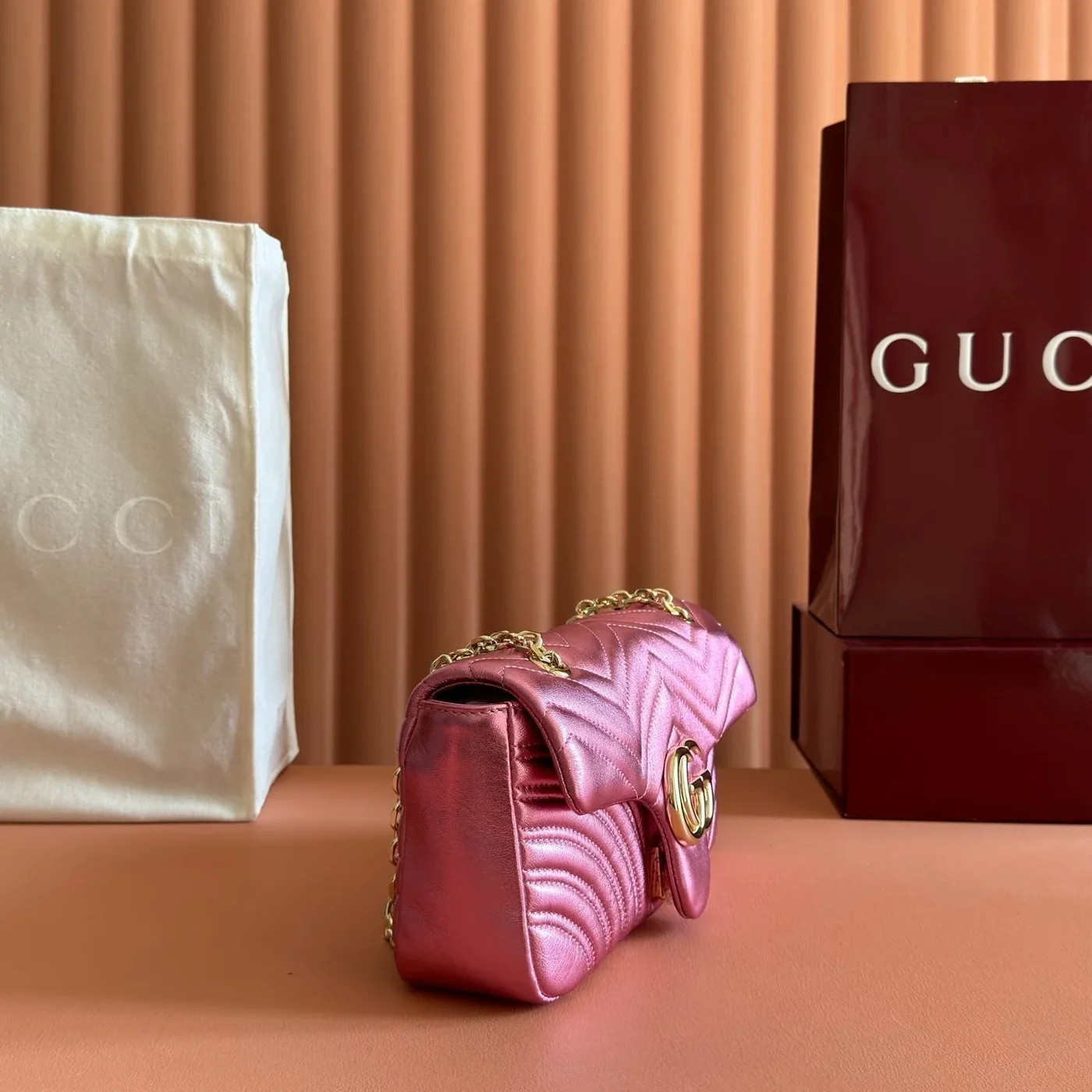 Gucci GG Marmont Bag 22 In Metallic Pink Lambskin product view 4