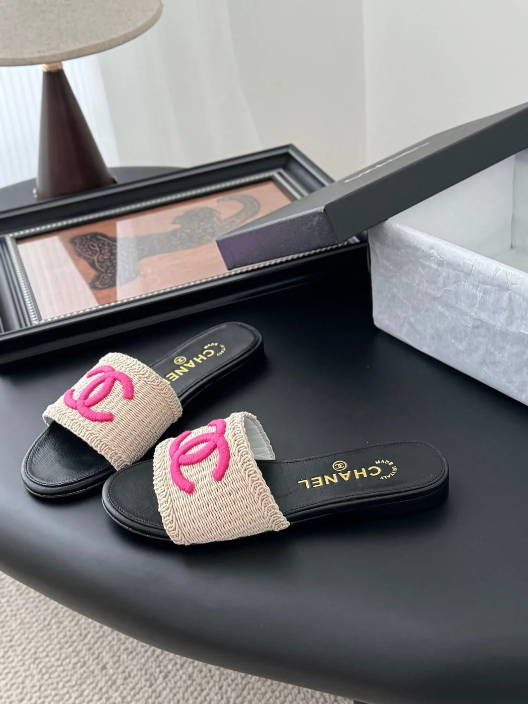Chanel Women Black Leather And Beige Fabric Slides product view 5