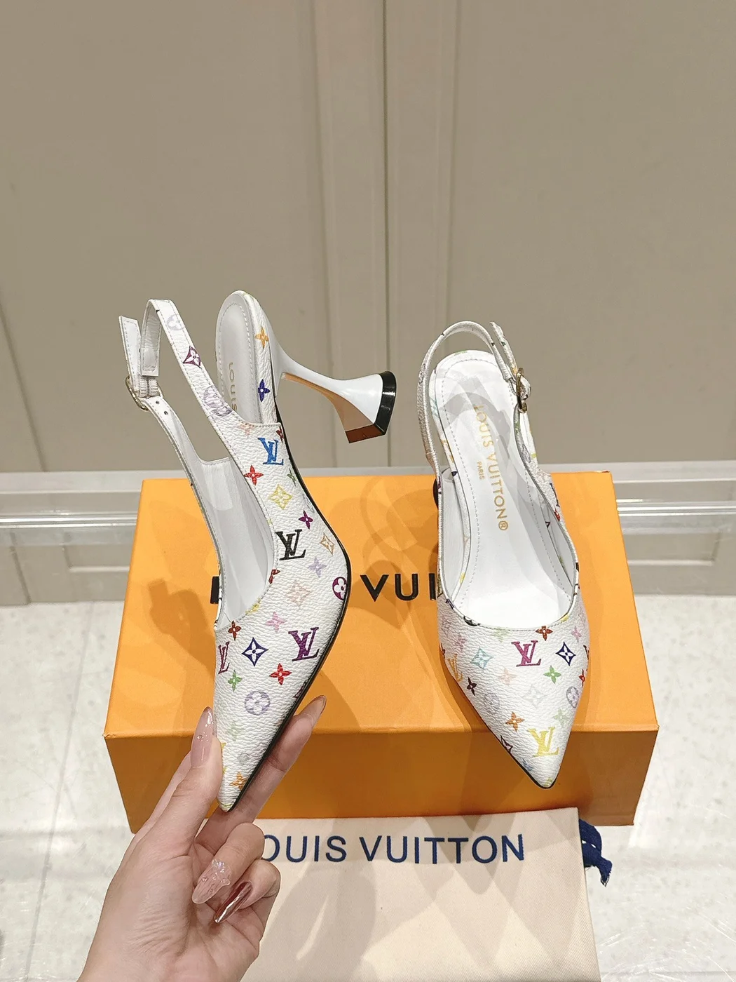 Louis Vuitton Women White Leather Multicolor Logo Heels product view 4