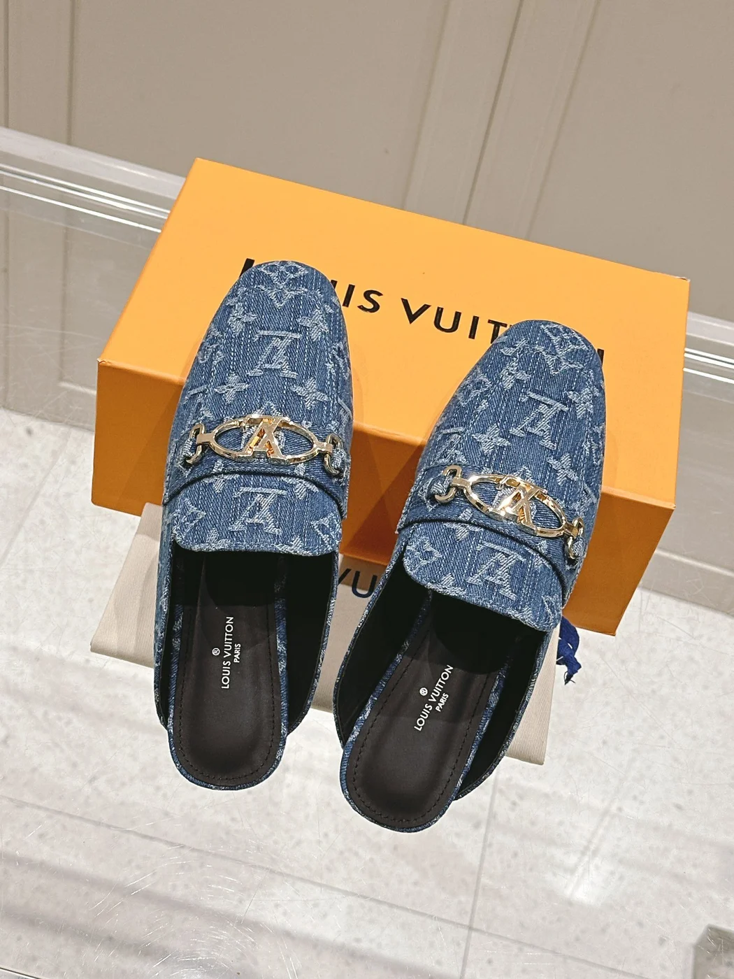 Louis Vuitton Women Blue Denim Leather Mules product view 5
