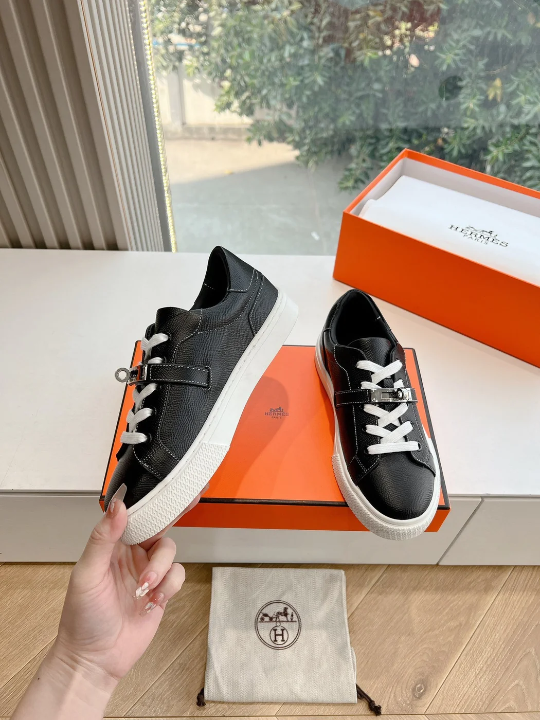 Hermès Women Black Leather Sneakers With Buckle Strap product view 6
