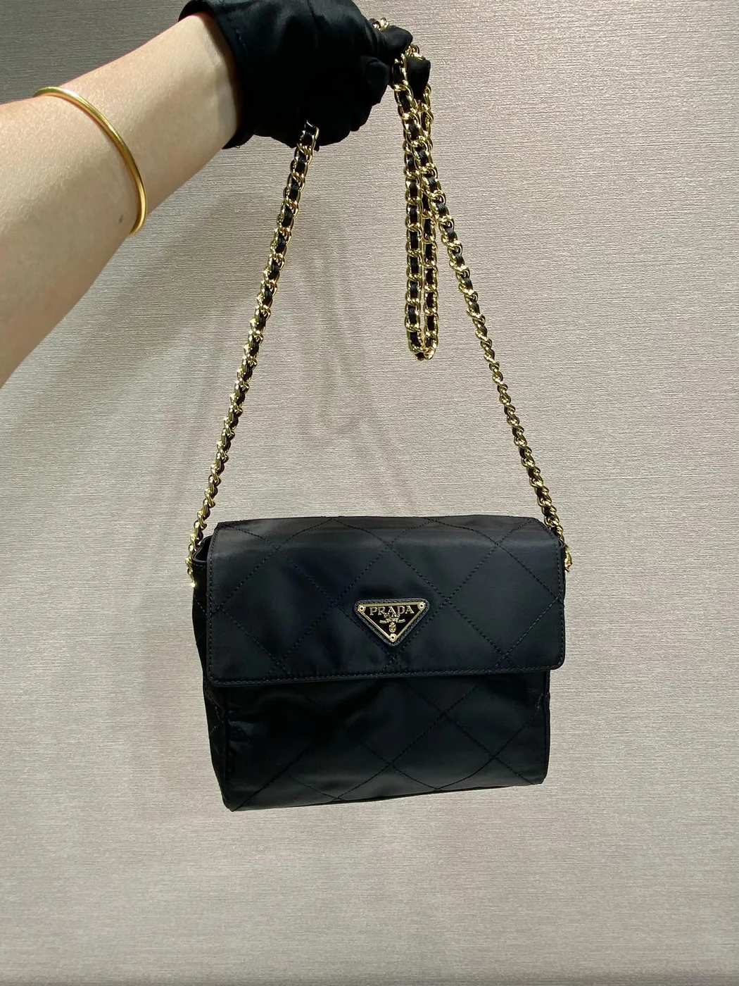Prada Large Quilted Flap Bag 23 In Black Re-Nylon Fabric Gold Chain product view 1