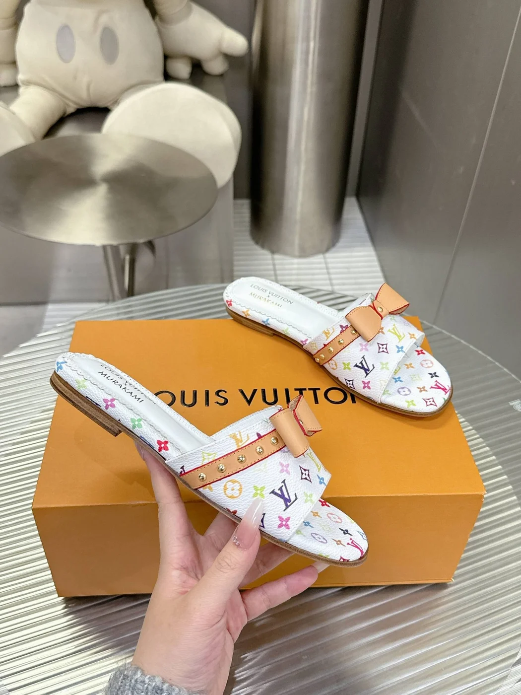 Louis Vuitton Women White Leather Multicolor Monogram Mules product view 6