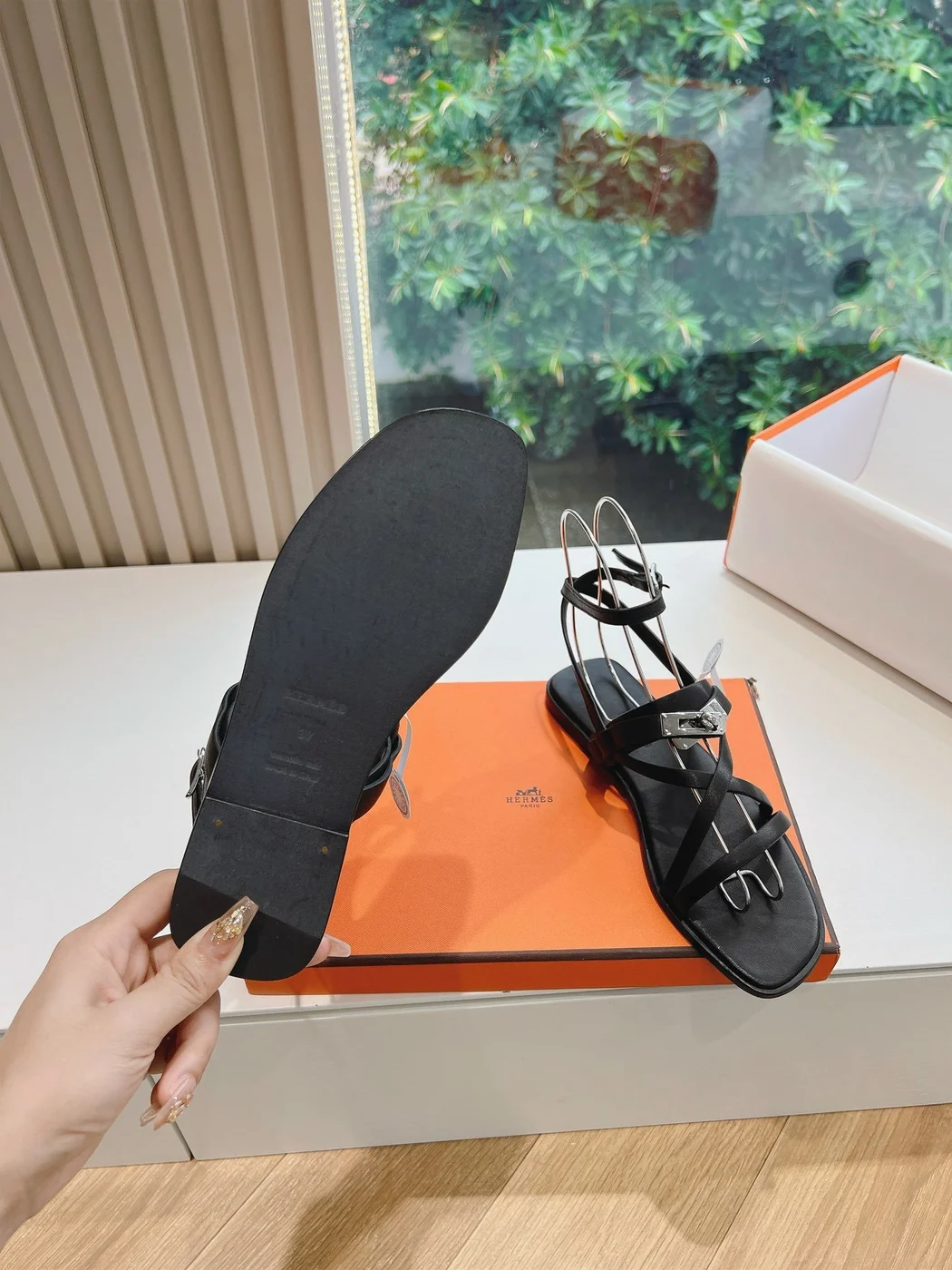Hermès Women Black Leather Strappy Sandals product view 6