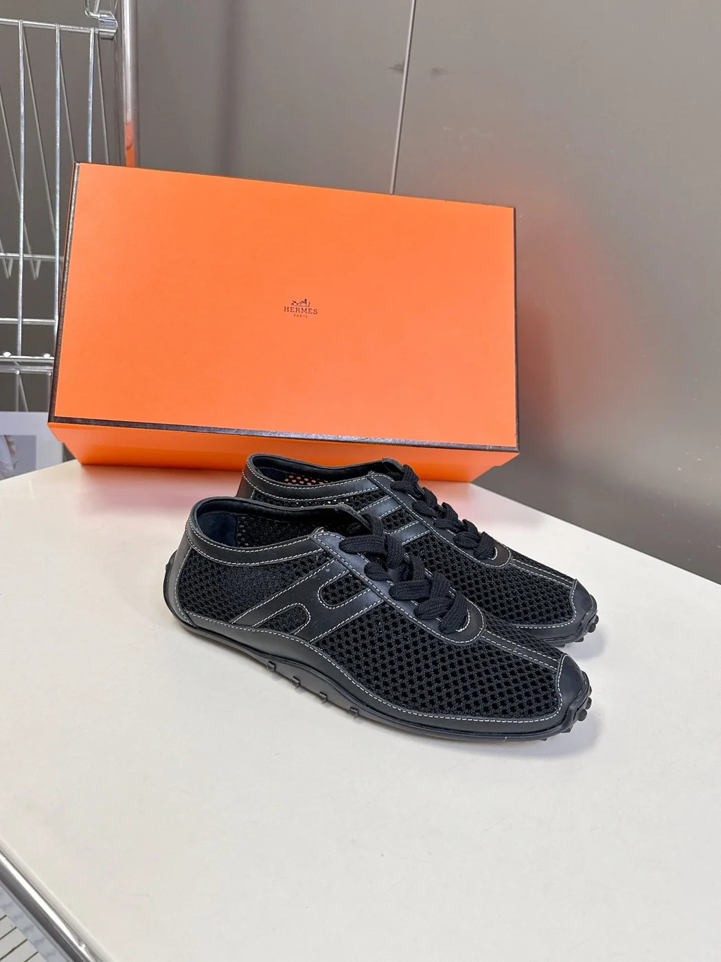 Hermès Women Black Mesh Leather Sneakers product view 3