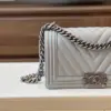 Chanel Boy Medium Handbags Grey Leather With Silver Lock 25 cm product view 2