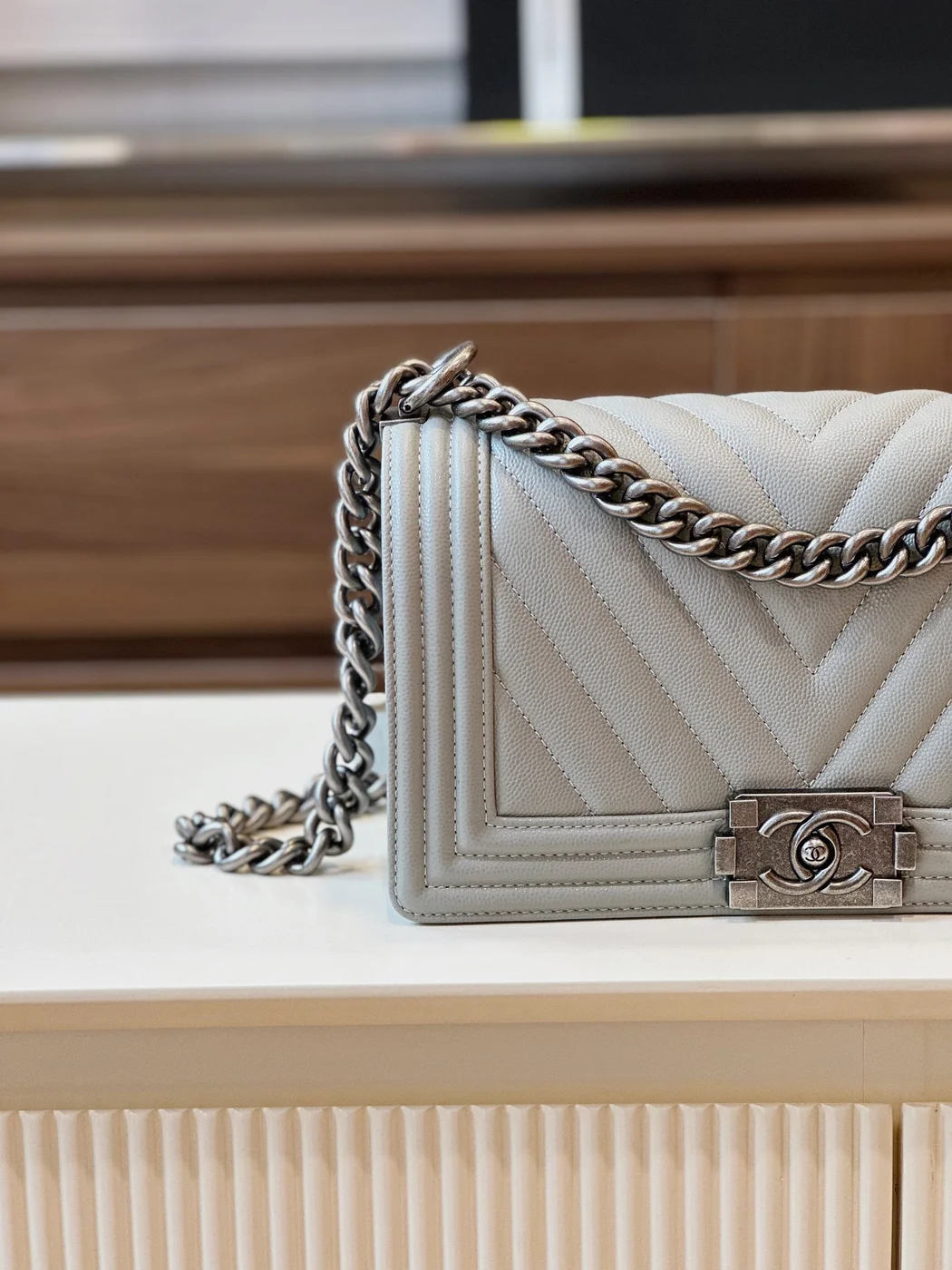 Chanel Boy Medium Handbags Grey Leather With Silver Lock 25 cm product view 2