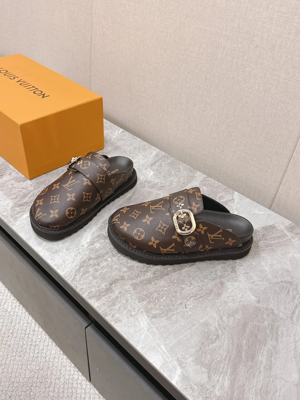 Louis Vuitton Women Brown Leather Monogram Mules product view 3