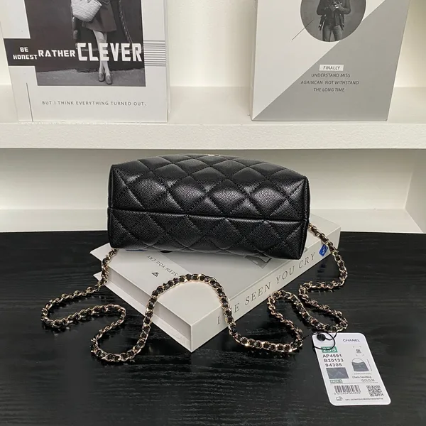 Chanel 24A Hobo Handbag in black quilted caviar leather product view 4