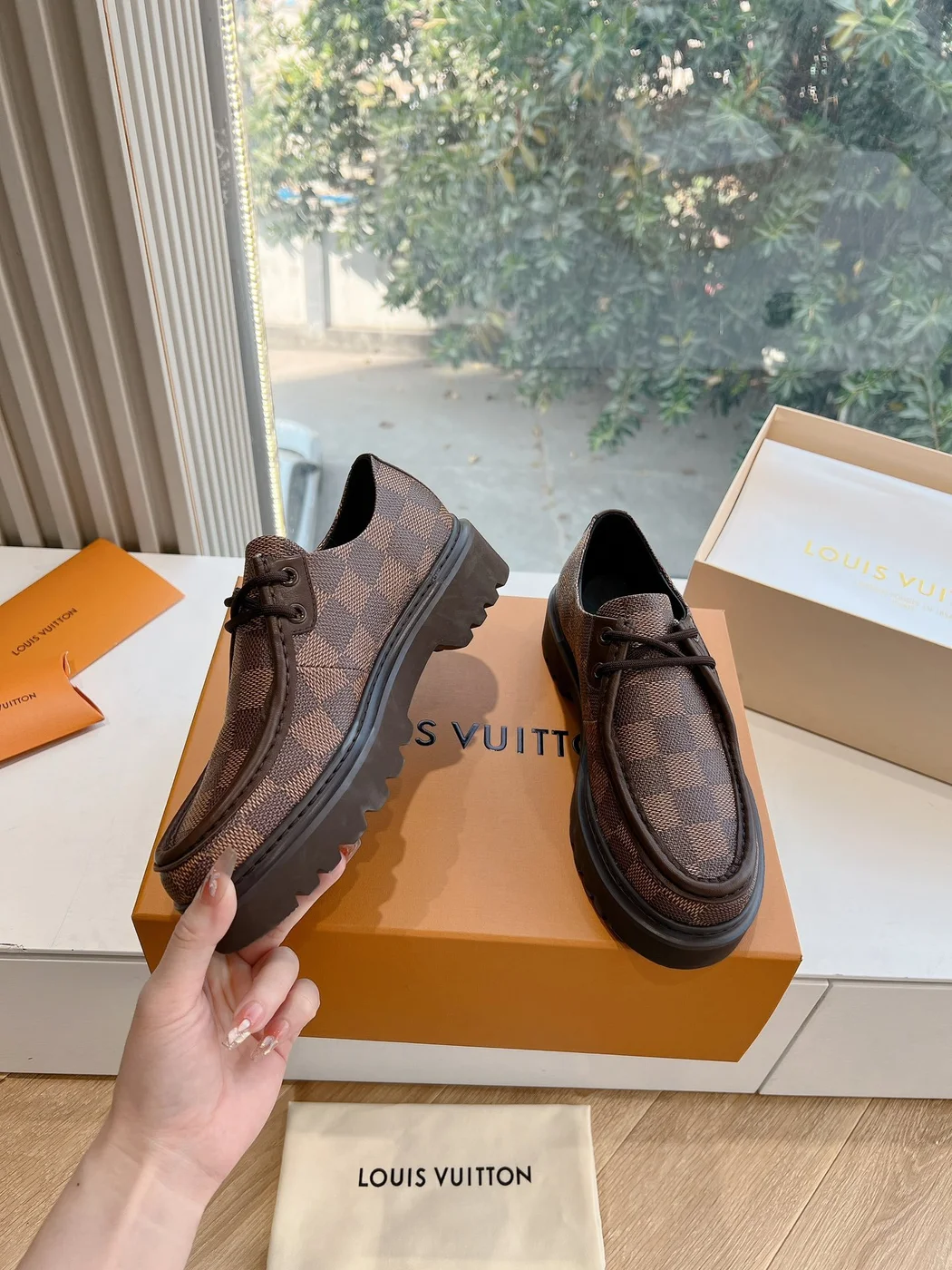 Louis Vuitton Women Brown Checkered Leather Loafers product view 6