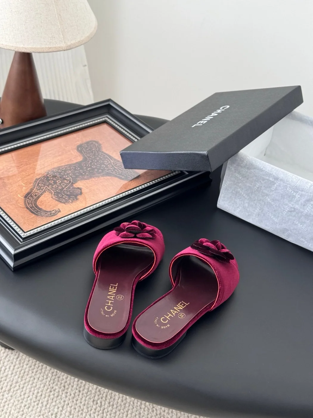 Chanel Women Burgundy Velvet Slides product view 5