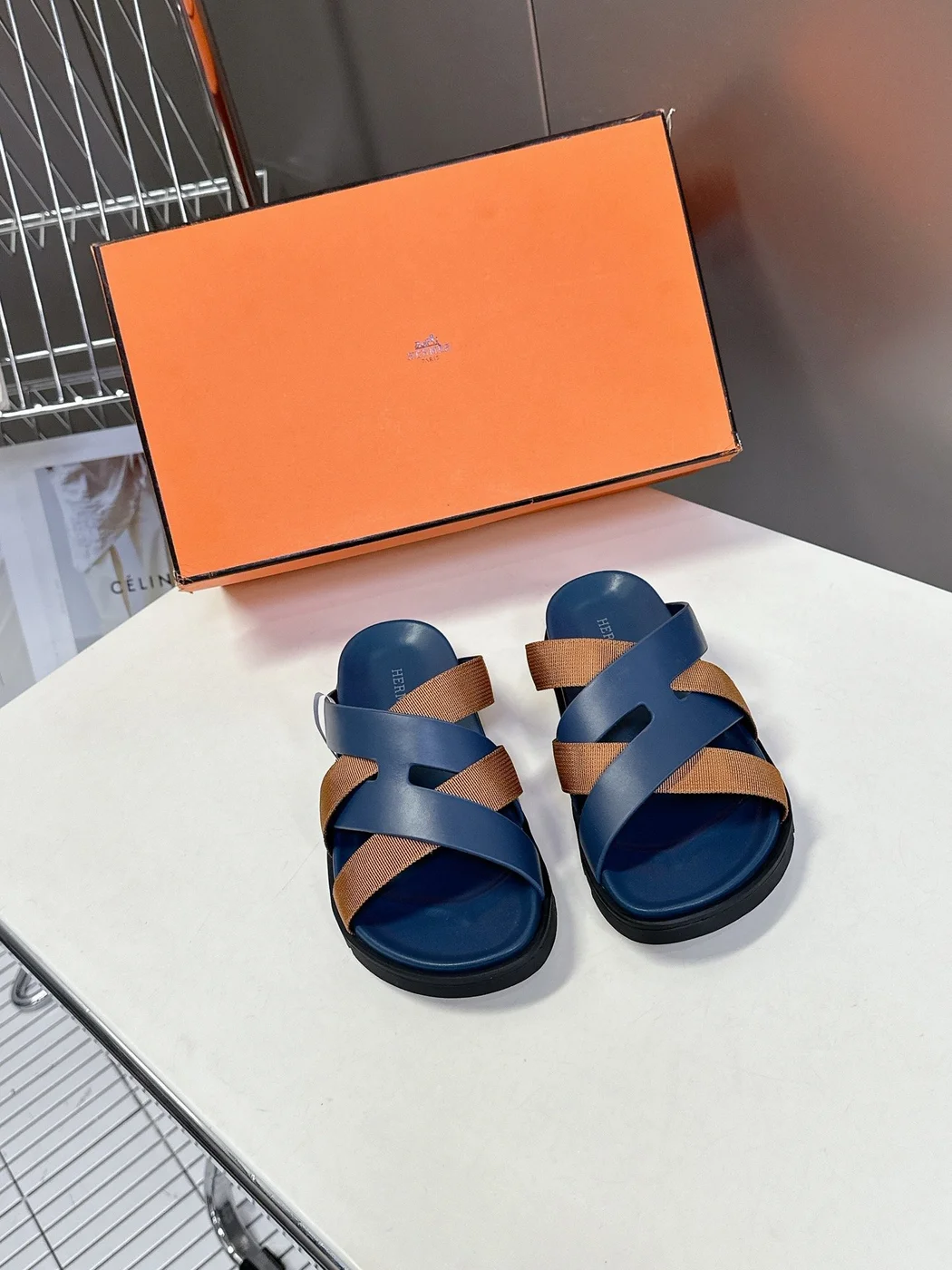 Hermès Women Navy Blue Leather And Brown Sandals product view 1