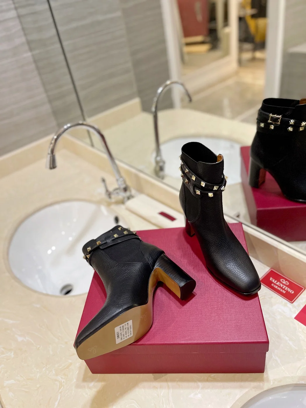 Valentino Women Black Leather Studded Ankle Boots product view 2