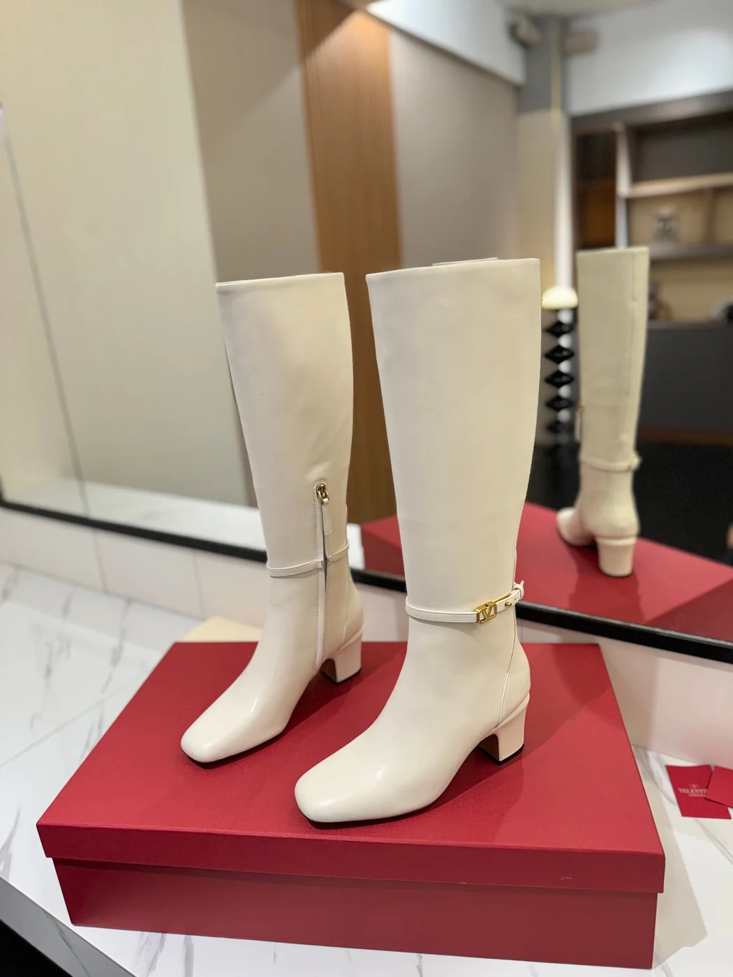 Valentino Women White Leather Knee High Boots — Plain Shaft product view 3