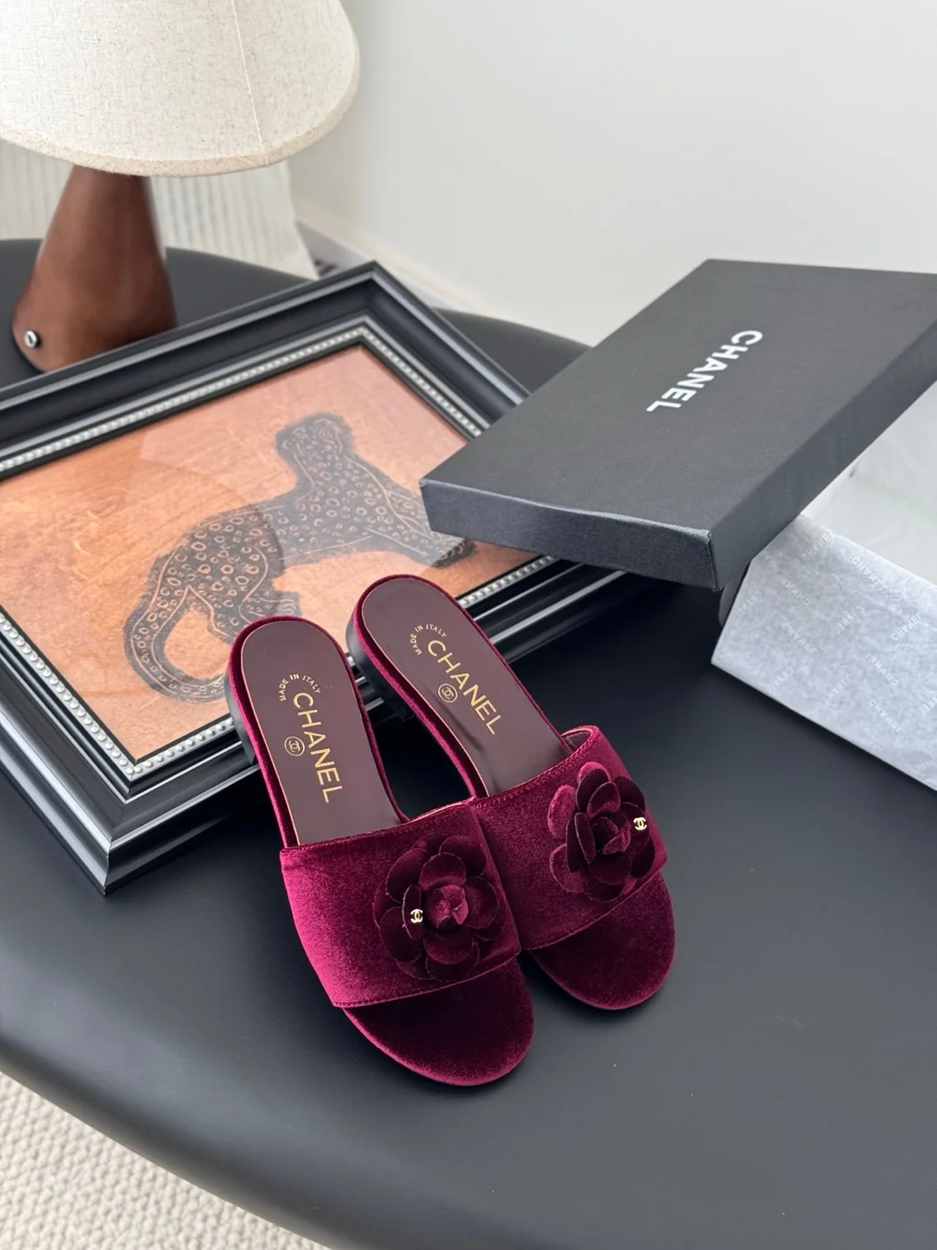 Chanel Women Burgundy Velvet Slides product view 6