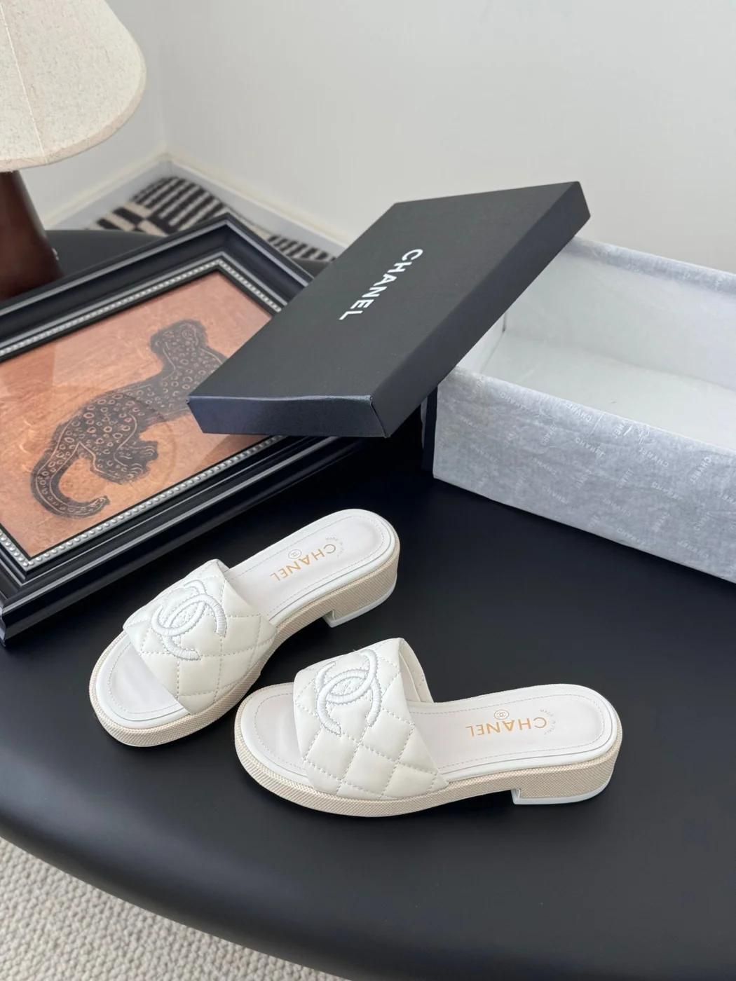 Chanel Women White Quilted Leather Slides product view 2