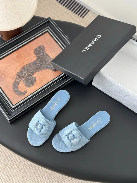 Chanel Women Light Blue Fabric Slides product view 5