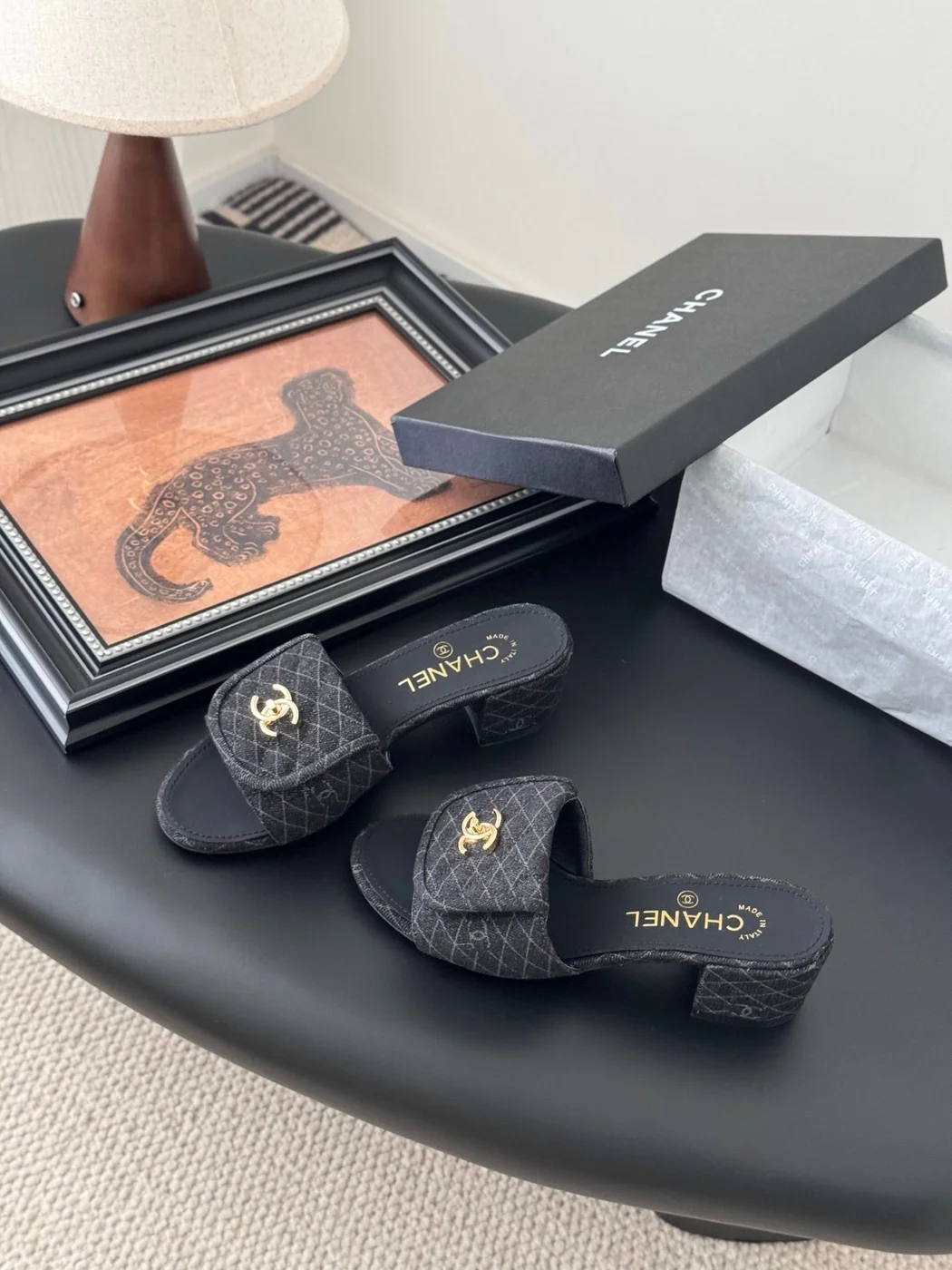 Chanel Women Black Quilted Fabric Slides product view 6