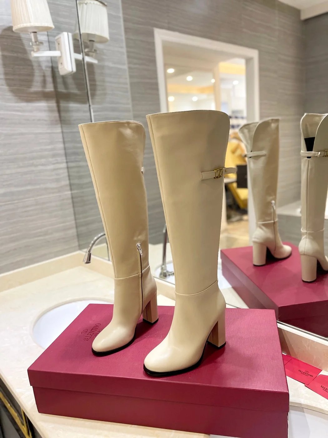 Valentino Women Beige Leather Knee-High Boots product view 3