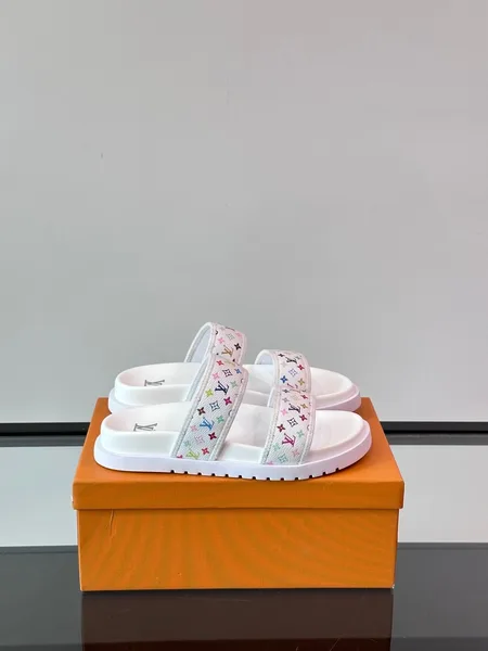 Louis Vuitton Men White Canvas Multicolor Logo Slides product view 1