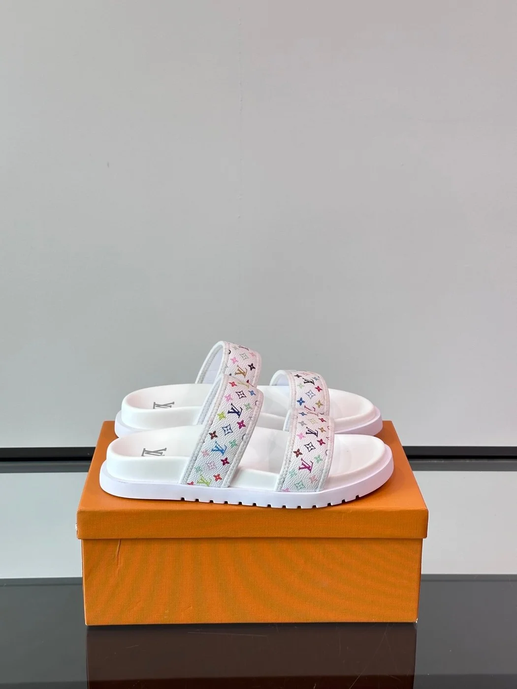 Louis Vuitton Men White Canvas Multicolor Logo Slides product view 1