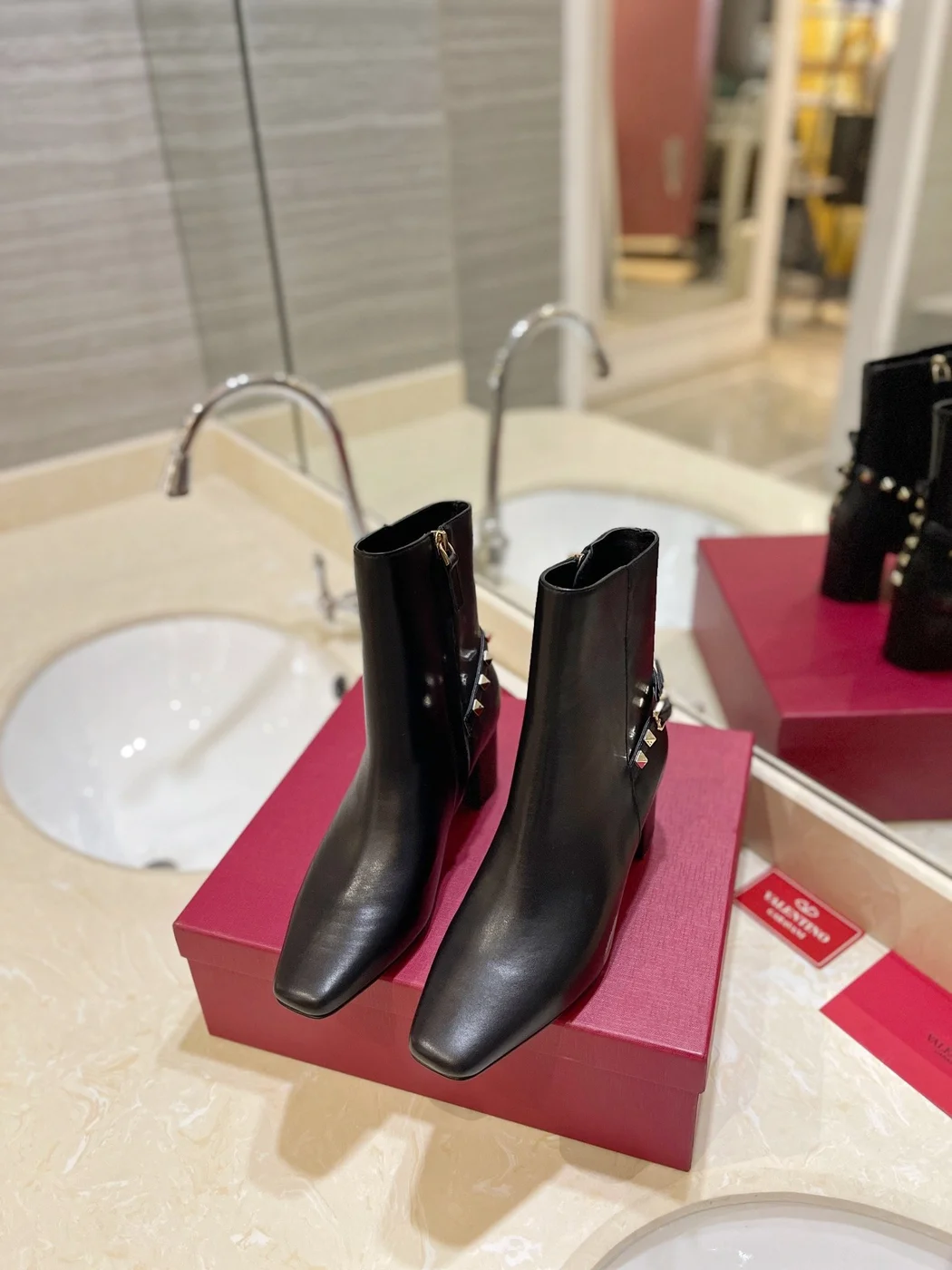 Valentino Women Black Leather Studded Ankle Boots product view 4