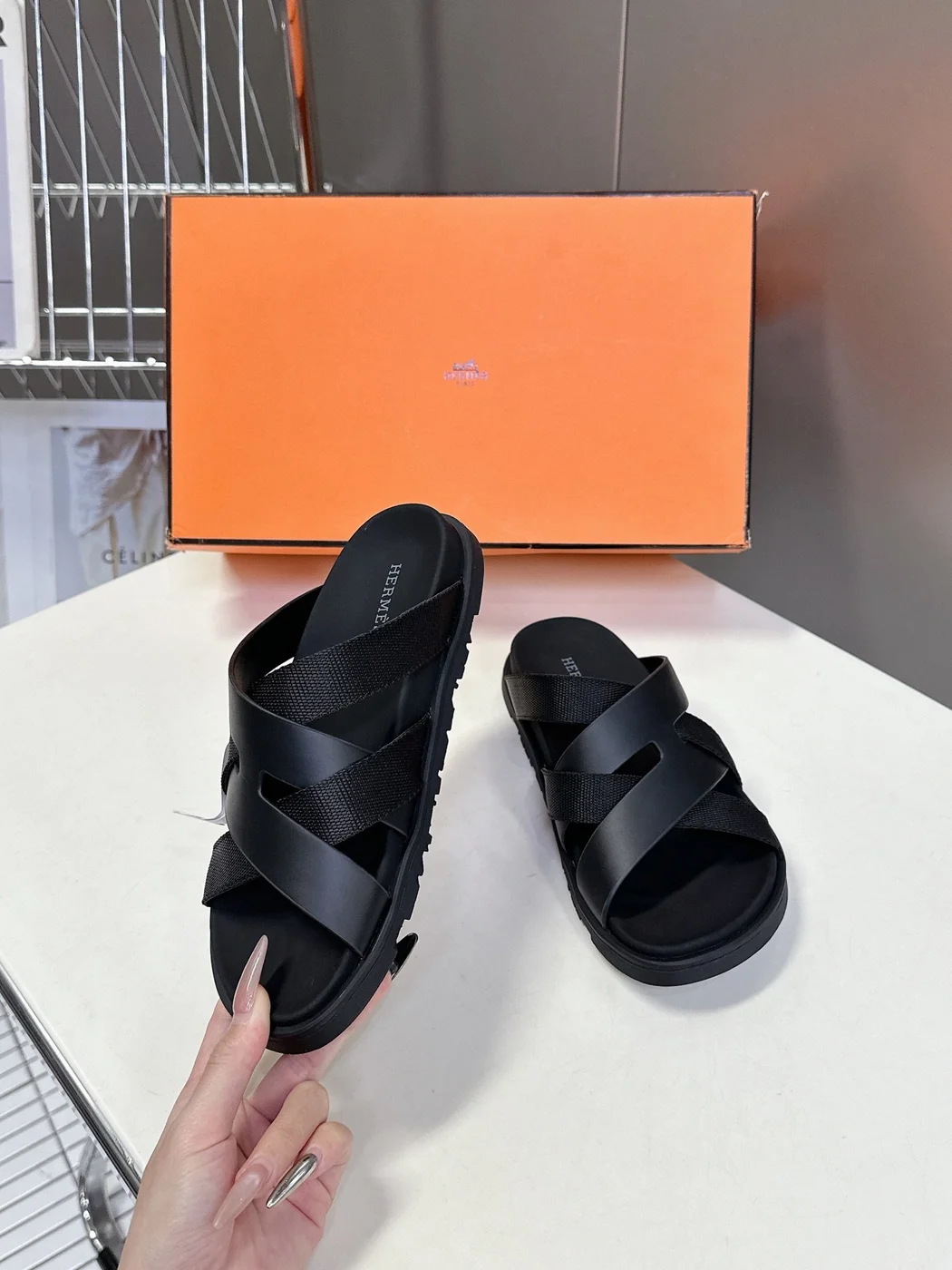 Hermès Women Black Leather And Fabric Sandals product view 5