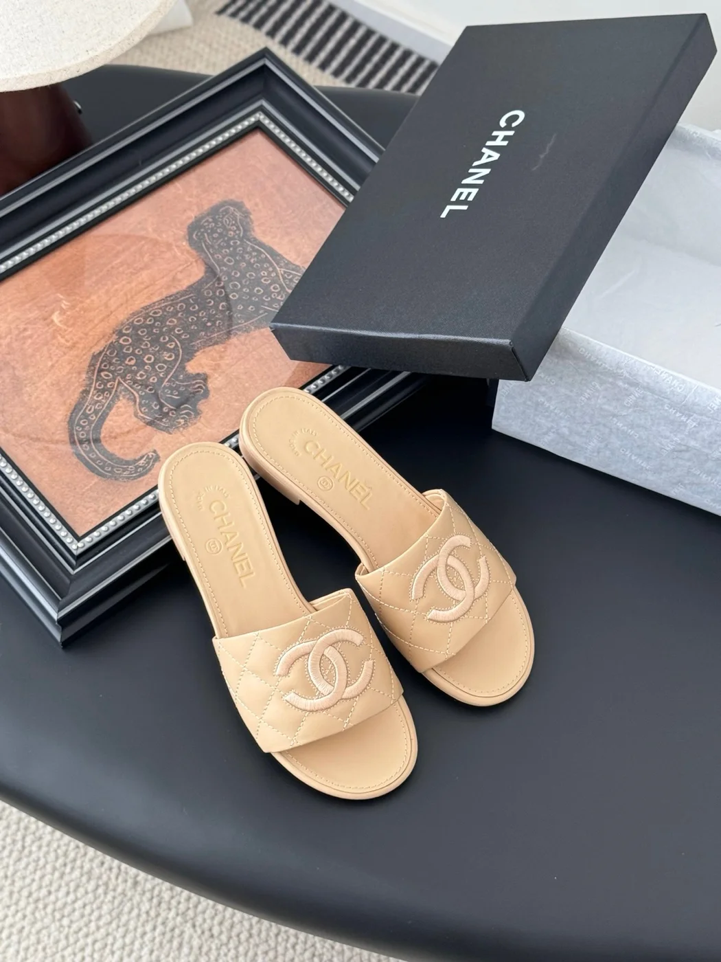 Chanel Women Beige Quilted Leather Slides product view 6