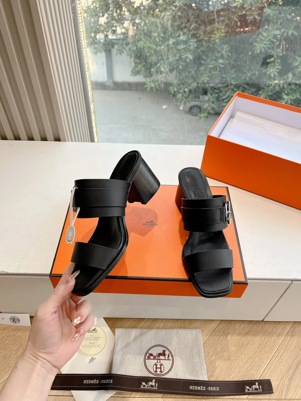 Hermès Women Black Leather Buckle Mules product view 6