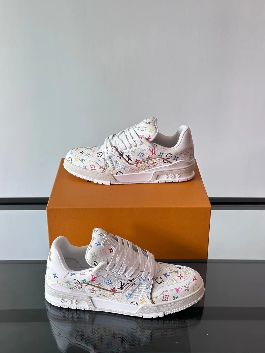 Louis Vuitton Men White Leather Multicolor Monogram Sneakers product view 3