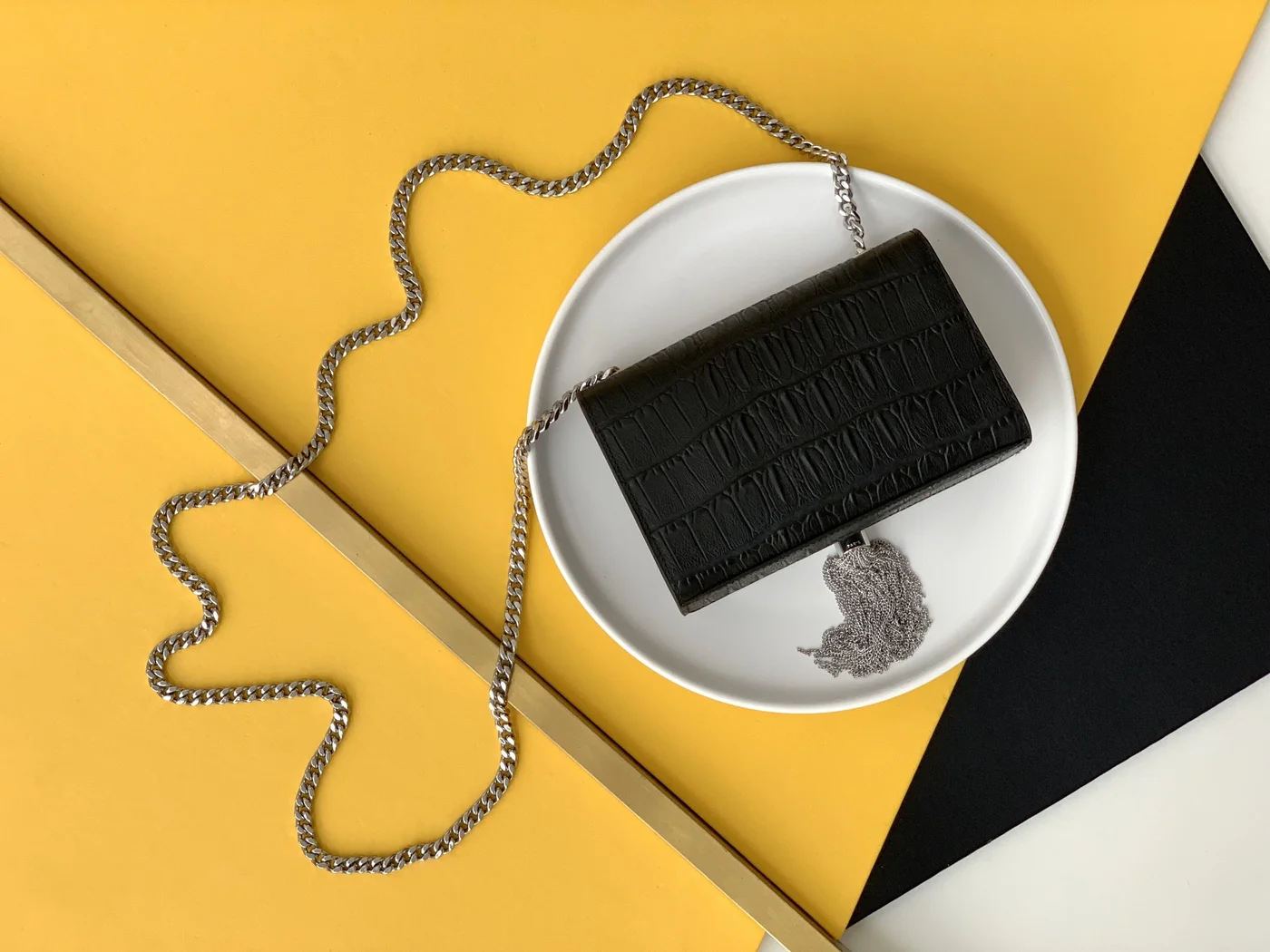 Saint Laurent Black Leather Small Kate Tassel Crossbody Bag Silver product view 2