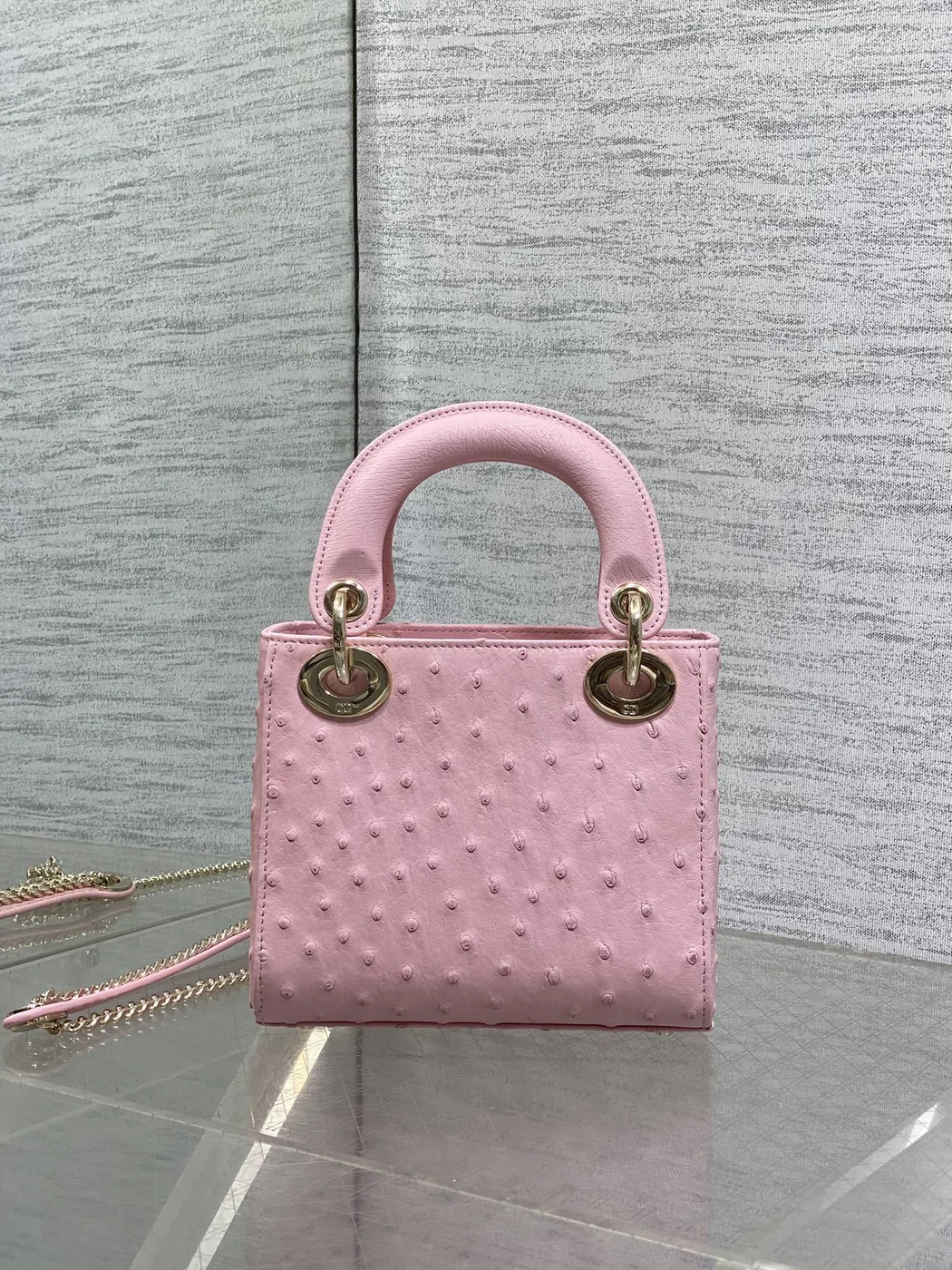 Dior Mini Lady Dior bag in Pink ostrich leather product view 3
