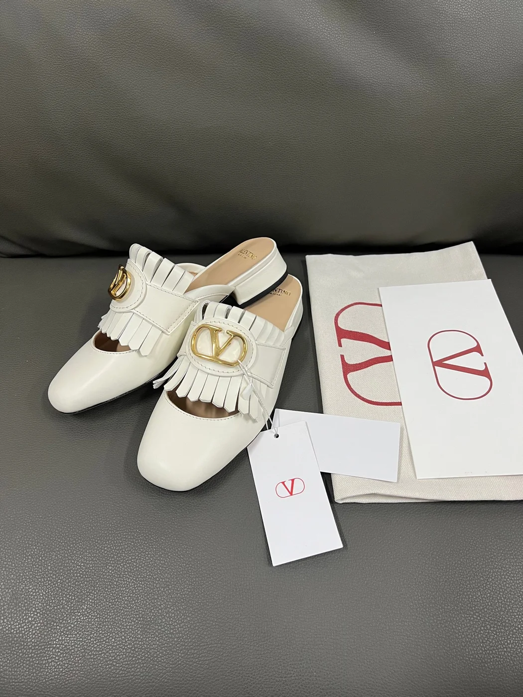 Valentino Women White Leather Fringe Mules product view 2